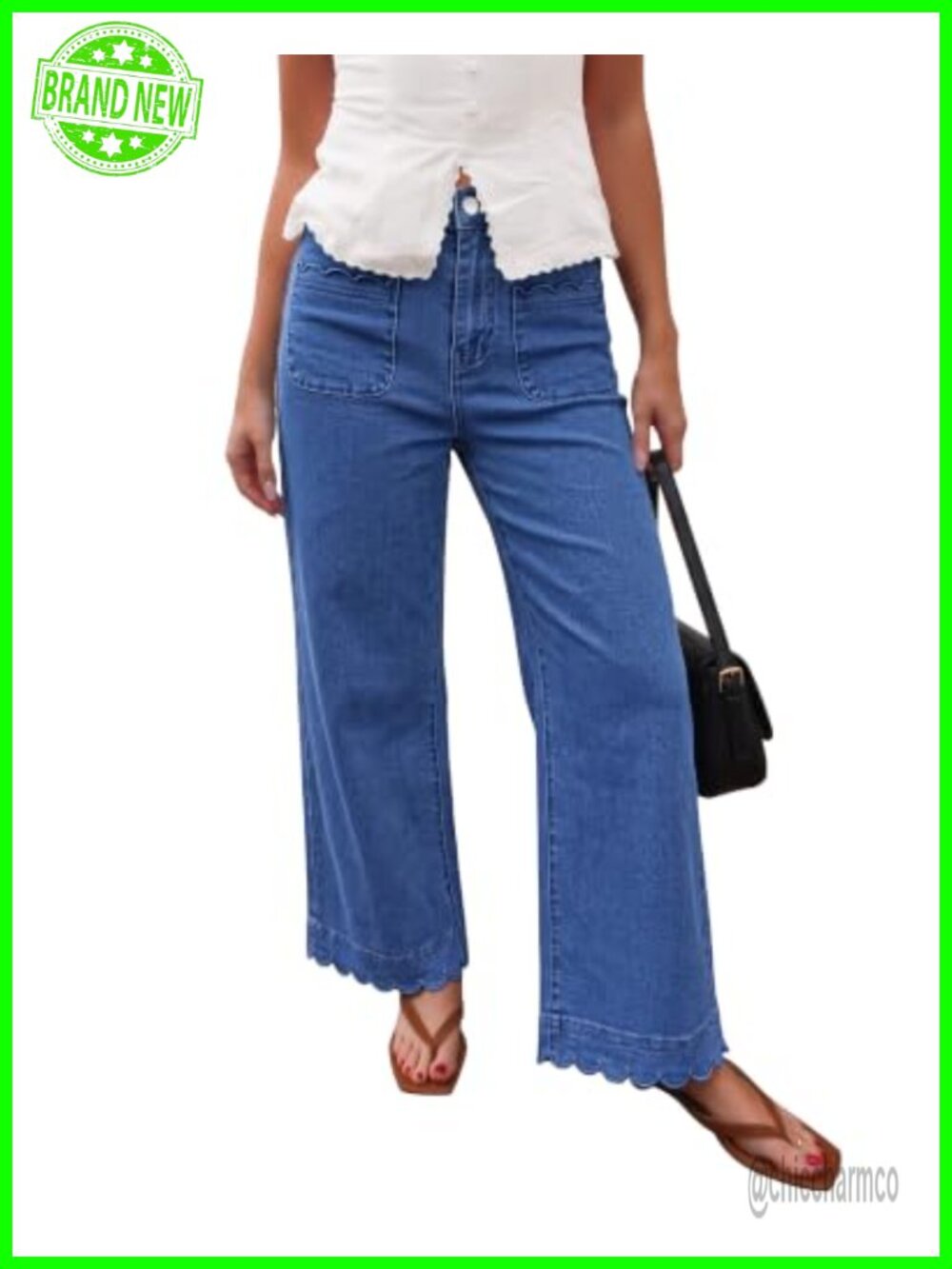 Scalloped Straight Leg Ankle High Rise Stretchy Denim Jeans